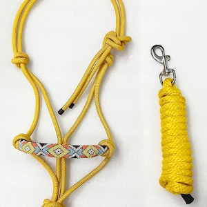 Pode incluir: Um cabresto de corda amarelo com uma barbela de contas coloridas e uma corda de chumbo combinando com um clipe prateado.