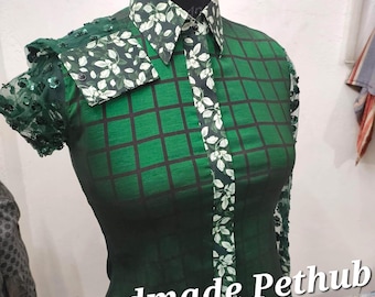 Groen geruit showshirt paarden: ruitertop met pailletten