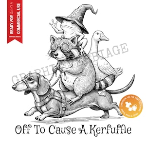 Listos para causar revuelo PNG – Ilustración PNG de mapache, rana mago, ganso y perro salchicha