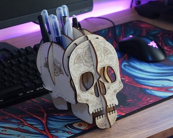 Tête de mort Penholder CNC Laser Cut File, Puzzle en bois 3D | Téléchargement numérique | cdr/dxf/eps/ai/dwg