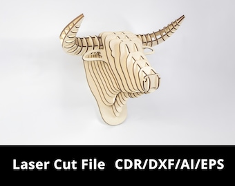 Hölzerne Stierkopf-Trophäe Laser geschnittene Datei | Digitaler Download | CDR/DXF/EPS