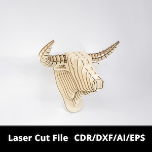 Trophée de tête de taureau en bois découpé au laser | Téléchargement numérique | CDR/DXF/EPS