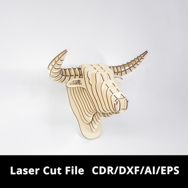 Trophée de tête de taureau en bois découpé au laser | Téléchargement numérique | CDR/DXF/EPS