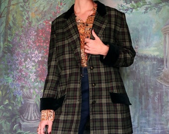 90s vintage wool checked long blazer jacket velvet details