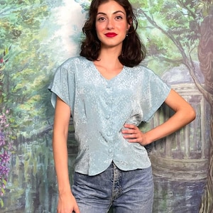 Vintage Jacquard Blouse – Light Blue Button Down with Tie-Back
