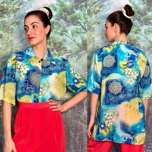 90s Vintage Tropical Blue and Yellow Floral Print Summer Oversized Unisex blouse SMALL MEDIUM LARGE