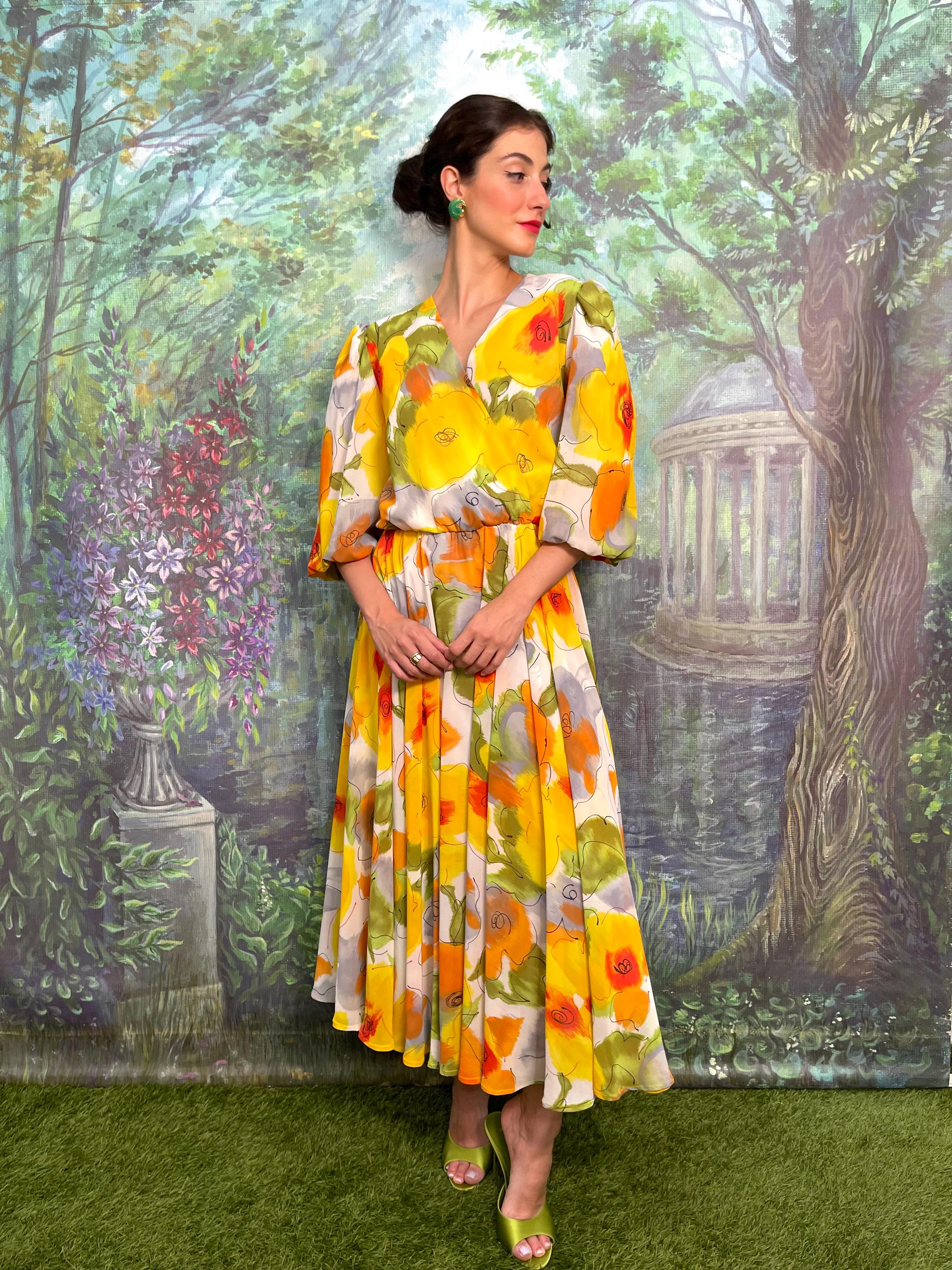 floral long puff sleeve dress Elegant Long Maxi Evening Dress In Floral Print