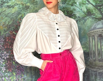 Österreichische Vintage Stehkragen Spitze Puffärmel gestreifte Ärmel weiße Bluse