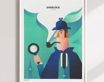 Sherlock A3 Risograph Print I Illustration Art Poster London Riso Sherlock Holmes Littérature mystère Auteur de roman policier