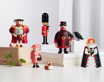 Scala reale - Cinque giocattoli d'arte da collezione Regina, Guardia, Tudor London Corgi Souvenir King Design Illustrazione britannica Regalo