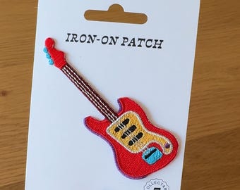 Guitare rouge brodée, écusson thermocollant - Ruban adhésif, musique, boogie, David Bowie, rock