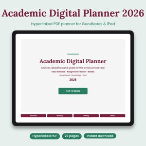 Puede incluir: Una tableta digital que muestra un Academic Digital Planner 2026. La pantalla presenta texto que incluye Academic Digital Planner, Classes, deadlines and goals for the whole school year, Class Schedule, Assignments, Exams, Grades y TAP TO BEGIN.