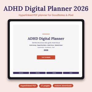 Puede incluir: Un planificador digital mostrado en la pantalla de una tableta con el texto ADHD Digital Planner 2026. La interfaz incluye secciones para Brain Dump, Dopamine Menu, Daily Focus y Weekly Reset, con un botón rojo TAP TO BEGIN y pestañas de navegación.