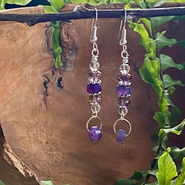 Amethyst Heishi Bead & Upcycled Glass Bead Earrings, Purple Upcycled Dangle Earrings, Elegant Light Catching Earrings,  Great Gift Under 25