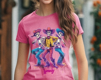 Cowboy Skeleton TShirt for Halloween Season Western Cowgirl Halloween T-shirt Dancing Skeleton Yeehaw Boho Shirt for Rodeo Cowboy Halloween
