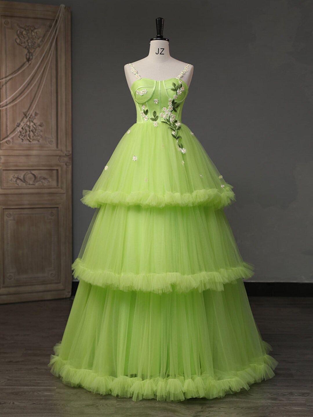 New Style Green Forest Series Fluffy With Flower Evening Dress Etsy