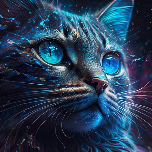 Cosmic Feline Majesty: Blue Nebula Cat Art Print