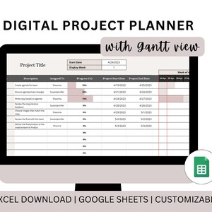 May include: A digital project planner displayed on a computer screen. The planner includes a Gantt view, with columns for project title, start date, and progress. The text "DIGITAL PROJECT PLANNER" and "with gantt view" are at the top.