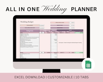 May include: A computer screen displaying a wedding planner spreadsheet with the title "All in One Wedding Planner". The spreadsheet includes a budget section with categories for various wedding expenses. The spreadsheet is customizable and includes 10 tabs. The image also includes a Google Sheets icon.