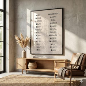 May include: A framed print featuring aviation phonetic alphabet and a detailed airplane illustration. The print is displayed above a wooden cabinet with a woven basket and a vase with dried plants. A leather armchair with a blanket is to the right.