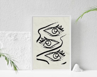 Abstract Eyes Art Print - Grey Minimalist Home Decor (Digital Download)
