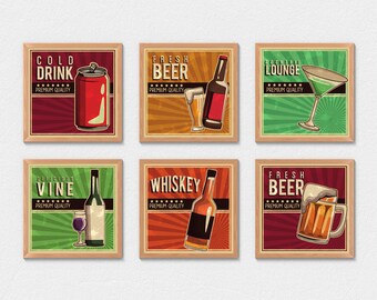 Retro Cocktail Art Prints - Set of 6, Bar Gallery Wall (Digital Download)