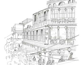 B&W - Custom Architecture Illustration, Custom House Sketch, Wedding Venue Drawing