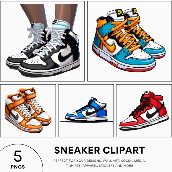 5 High-Top Sneaker Illustrations, Cliparts - PNG - Retro Sneakers, Sneaker Art, Dunks, 1s Sneakers - Digital Download - Instant Download