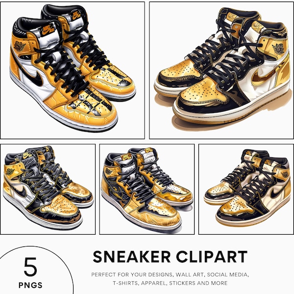 5 High-Top Black and Gold Sneaker Illustrations, Clipart - PNG - Retro Sneakers, Sneaker Art, Dunks, 1s Sneakers - Digital Download