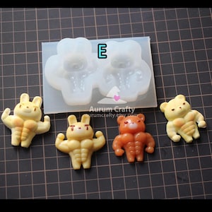 Peut inclure: Un moule en silicone avec deux formes d'ours et quatre figurines en résine d'un ours et d'un lapin musclés. Les figurines sont jaunes et orange. Le moule porte la lettre "E".