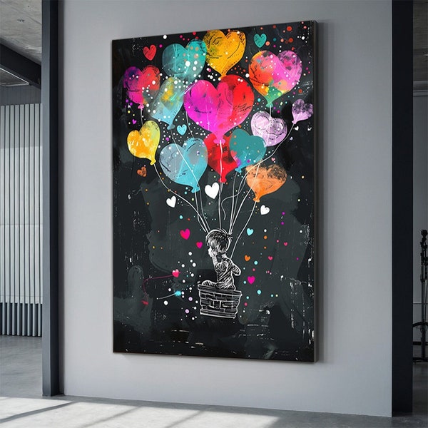 Vliegende ballonkunst met hart, kinderkunst met vliegende ballonnen, kinderkamer thuiscadeau, pop-art kinderposter