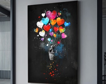 Arte di palloncini volanti con cuore, arte per bambini con palloncini volanti, regalo per la casa della camera dei bambini, poster per bambini pop art