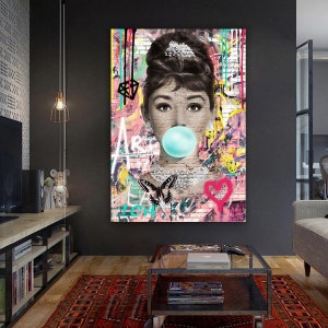 Audrey Hepburn Canvas, Bubble Gum Print, Wall Art Canvas, Hepburn Pink Lips, Modern Poster, Audrey Artwork, Movie Actress