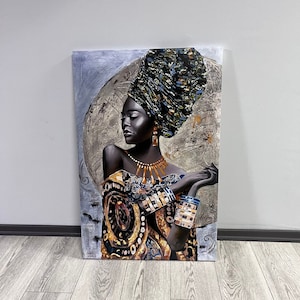 African woman painting, black woman in gold and beige color, ethnic woman wall art, african poster, african girl poster, black woman art