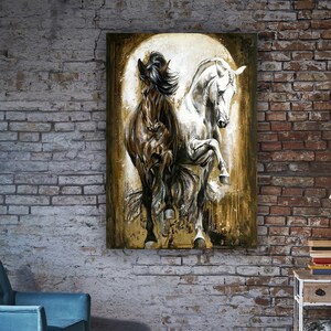 Two horses painting, white coffee horses wall art, horse canvas print, horse canvas print, horse wall decor, horse poster