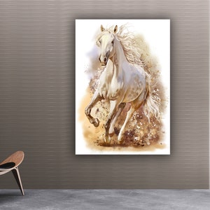 Cheval de course blanc, peinture de cheval blanc, art mural de cheval de course, affiche de cheval, décoration murale de bureau de cheval