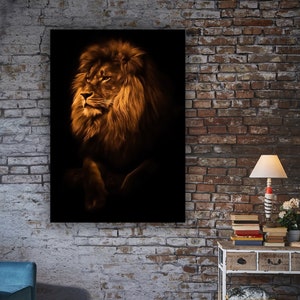 Schwarzes Löwenbild mit schwarzem Hintergrund, Löwenkunst, Leinwand Löwemalerei, Löwenwandkunst, Löwendruck, Löwenplakat, Tierkunst, Löwenleinwand