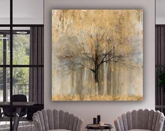Large Gold Tree Abstract Painting,Gold  Wall Art,Expressionist   Painting Aesthetic room decor