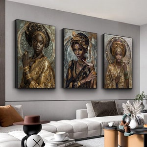 Set of 3 african woman canvas wall art, black women set, ethnic woman art, african american wall decor