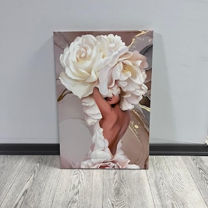 Cuadro sobre lienzo de mujer con cabeza de flor, estampado de rosas y mujer en tono beige, póster de mujer con flores, estampado sobre lienzo de flores y mujer
