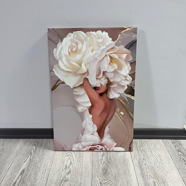 Frau mit Blumenkopf Leinwandbild, beige Rosen und Frau Druck, Blumen Frau Poster, Blumen und Frau Leinwanddruck