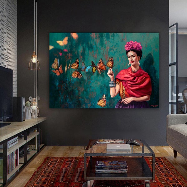 Frida und Schmetterlinge Wanddekor, Frida Leinwand, Modern Gedruckt, Frau Wanddekor, Frida Rosa Blumen Gemälde, Schmetterlinge Wanddekor