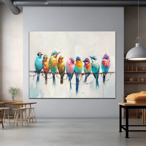 Pintura de acuarela de pájaros pequeños y coloridos sobre una rama, decoración de granja, impresión sobre lienzo horizontal largo enmarcado