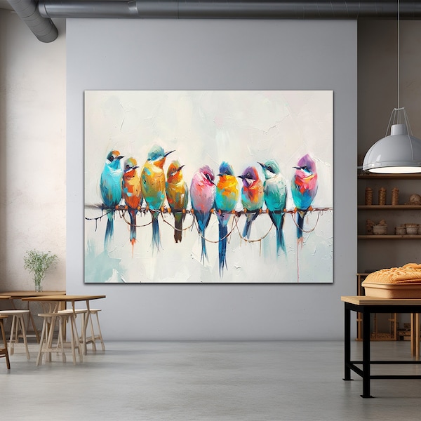 Small Colorful Birds On a Branch Watercolor Painting Farmhouse Decor Print On Long Horizontal Canvas Framed