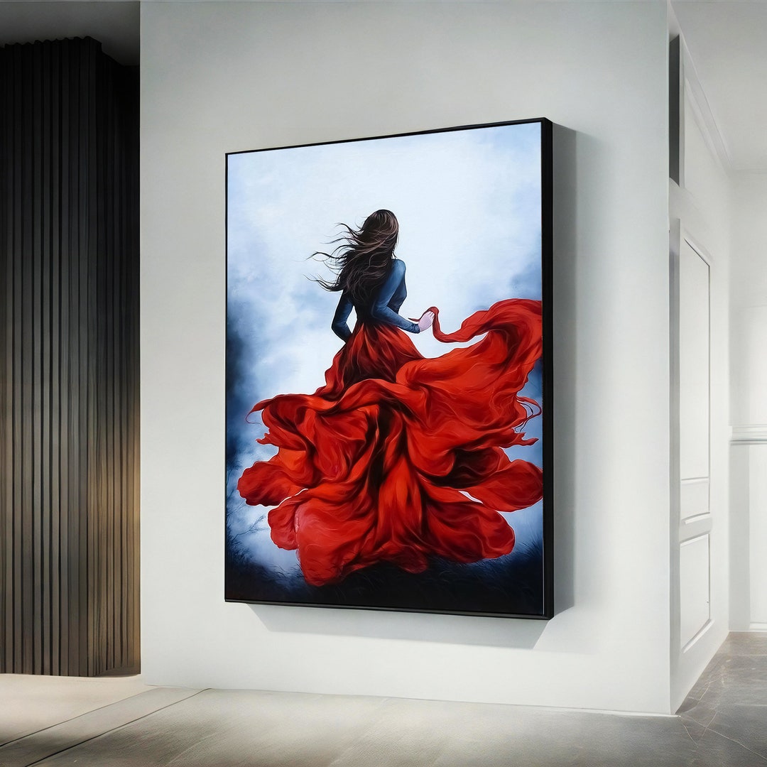 Woman in Red Dress Canvas, Beautiful Woman Art, Girl in Red Dress Art