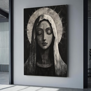 Virgin Mary Wall Art | Mother Mary art , Spiritual Religious Canvas for Home or Prayer Space, Black and white mary canvas wall art