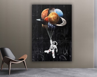 Planetary painting, astronaut flying on planets, planetary balloons canvas, astronaut canvas, space graffiti painting