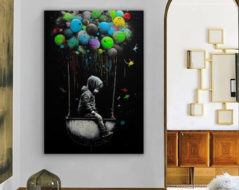 Palloncino Banksy e tela per bambini, dipinto di palloncini volanti, bambino che vola in mongolfiera, arte della stanza dei bambini, arte di Banksy, arte della tela di palloncini di Banksy