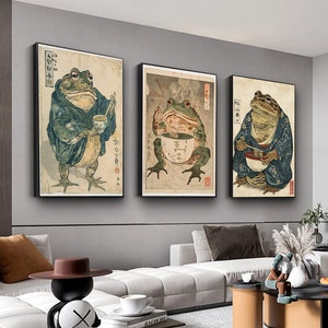Japanese Frog Framed Canvas Wall Art Set of 3 Matsumoto Hoji Wall Art Decor Japanese Frog Art Animal Wall Art Japanese Wall Art