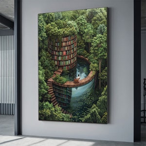 Surreale Bibliothek Leinwand Malerei, surreale Buchkunst, Wald und Bibliothek Wanddekor, Illusionistisches Bibliothek Poster, Buchdruck,